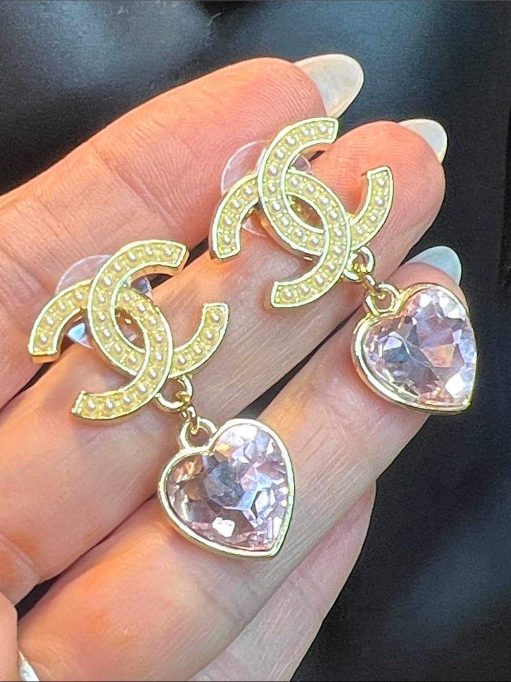 Gold Double-C Drop Earrings with Pink Heart Crystal